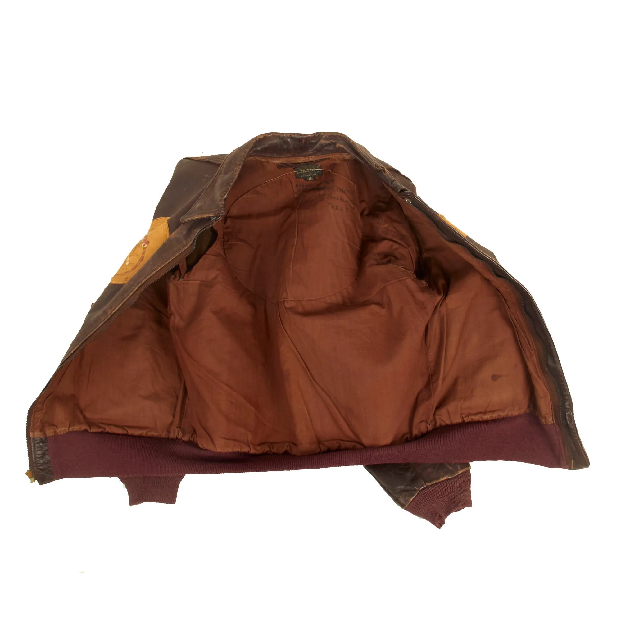 Original U.S. WWII Named Painted A-2 Leather Flight Jacket With Italian Made Leather Insignia For Gunner Sergeant First Class Robert Watters, 451st Bombardment Group