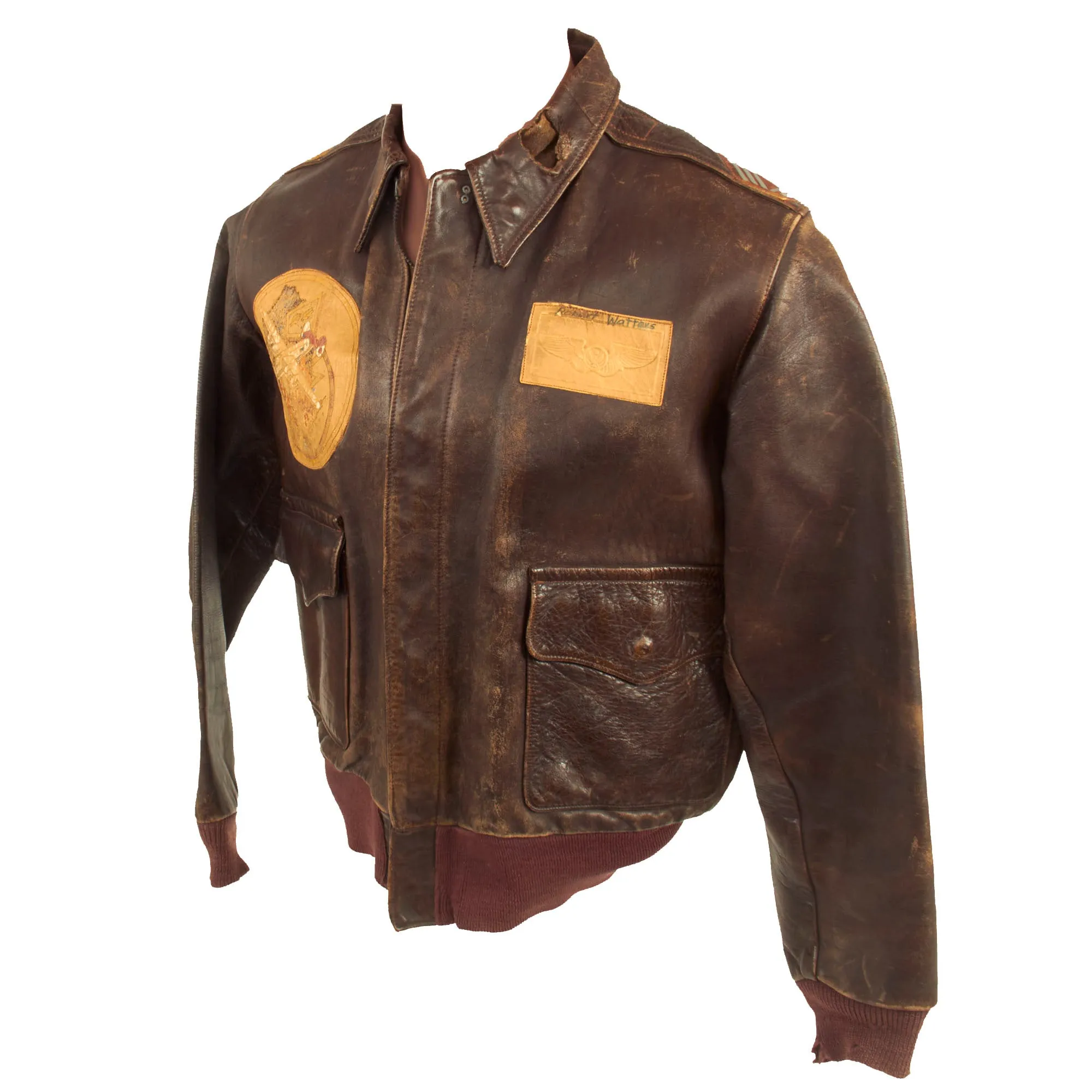 Original U.S. WWII Named Painted A-2 Leather Flight Jacket With Italian Made Leather Insignia For Gunner Sergeant First Class Robert Watters, 451st Bombardment Group