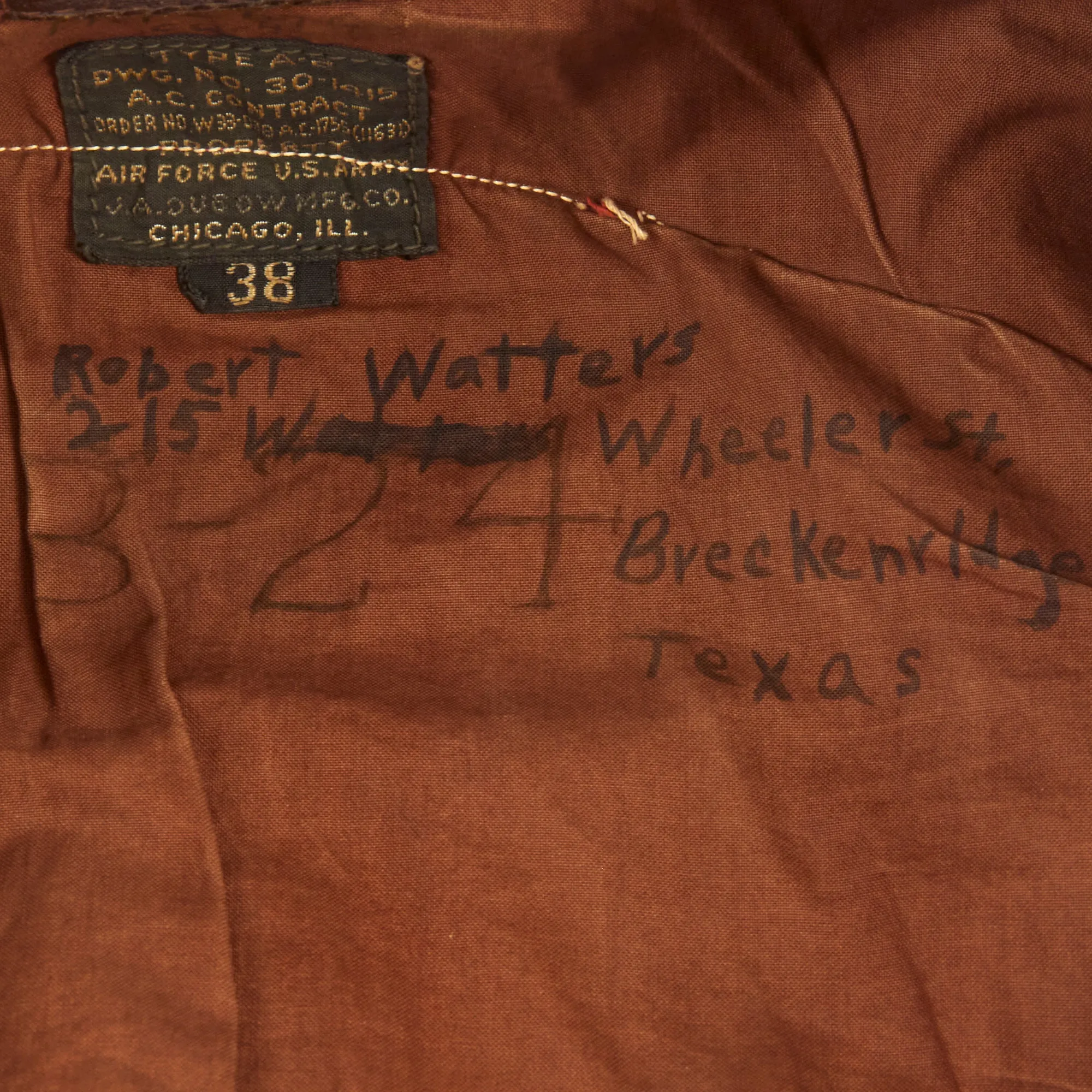 Original U.S. WWII Named Painted A-2 Leather Flight Jacket With Italian Made Leather Insignia For Gunner Sergeant First Class Robert Watters, 451st Bombardment Group