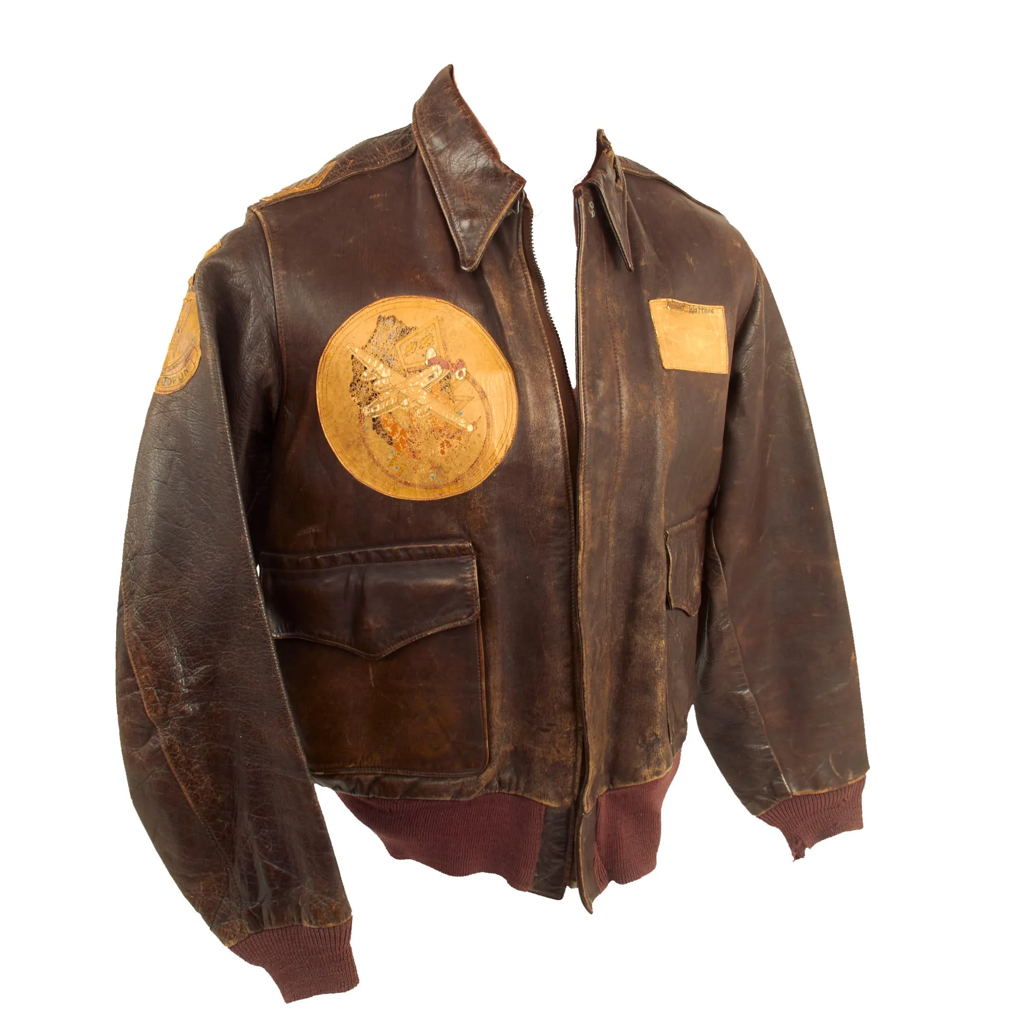 Original U.S. WWII Named Painted A-2 Leather Flight Jacket With Italian Made Leather Insignia For Gunner Sergeant First Class Robert Watters, 451st Bombardment Group