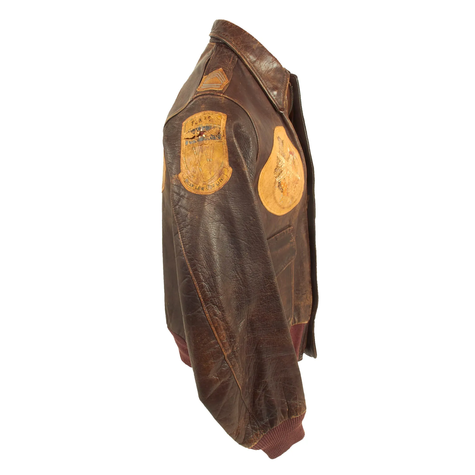 Original U.S. WWII Named Painted A-2 Leather Flight Jacket With Italian Made Leather Insignia For Gunner Sergeant First Class Robert Watters, 451st Bombardment Group