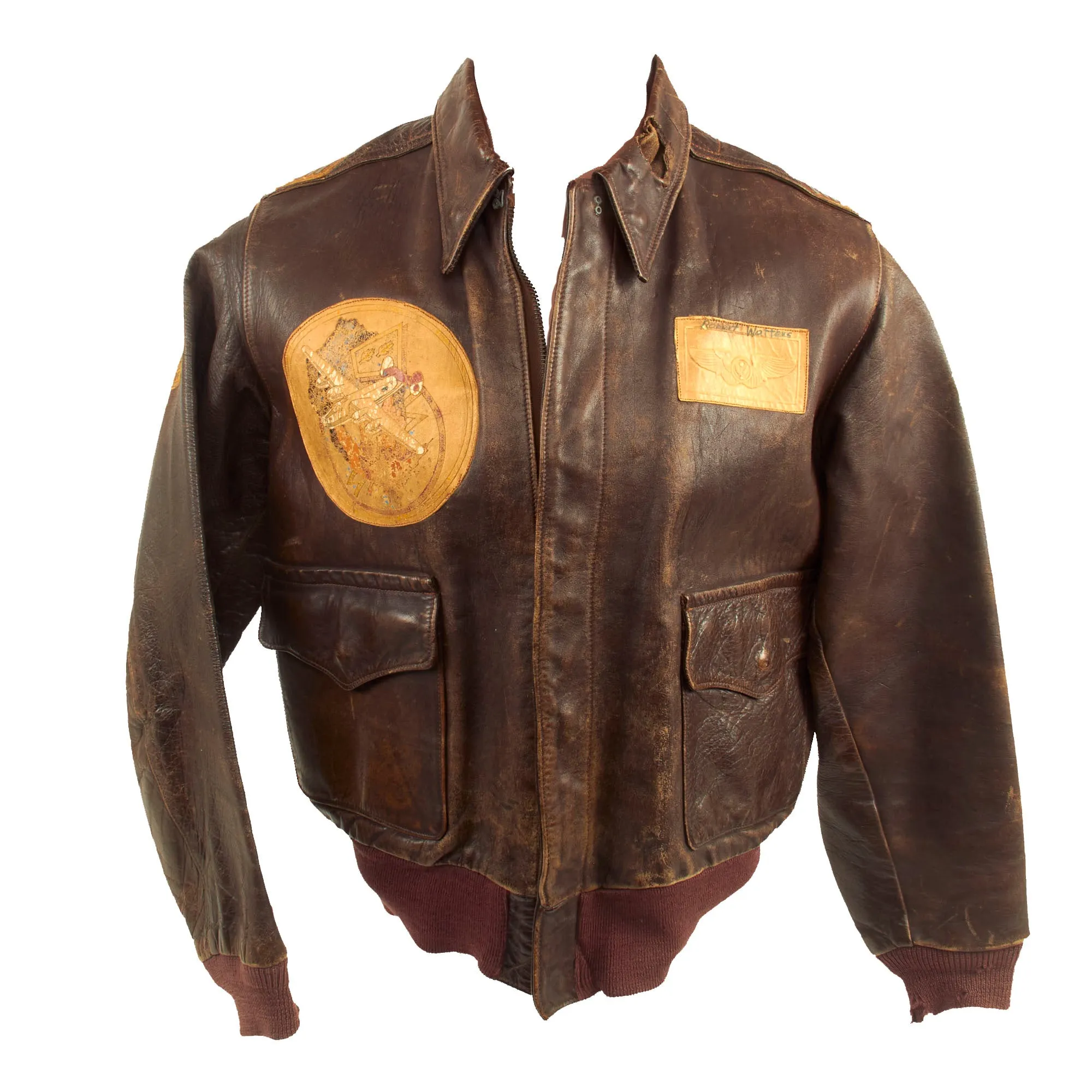 Original U.S. WWII Named Painted A-2 Leather Flight Jacket With Italian Made Leather Insignia For Gunner Sergeant First Class Robert Watters, 451st Bombardment Group