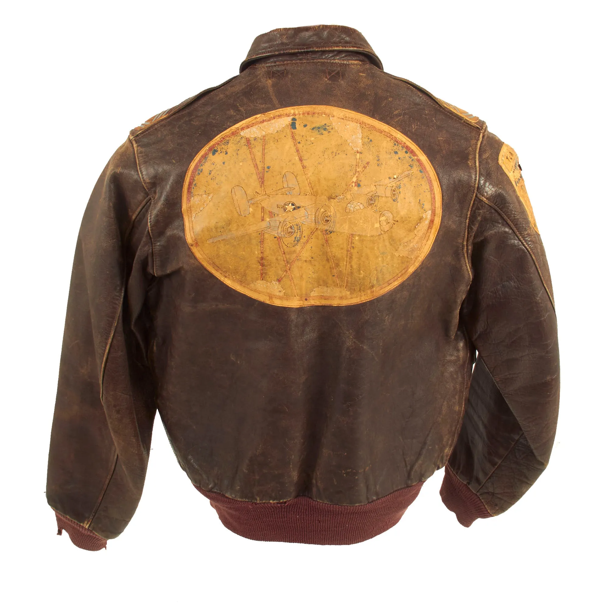 Original U.S. WWII Named Painted A-2 Leather Flight Jacket With Italian Made Leather Insignia For Gunner Sergeant First Class Robert Watters, 451st Bombardment Group