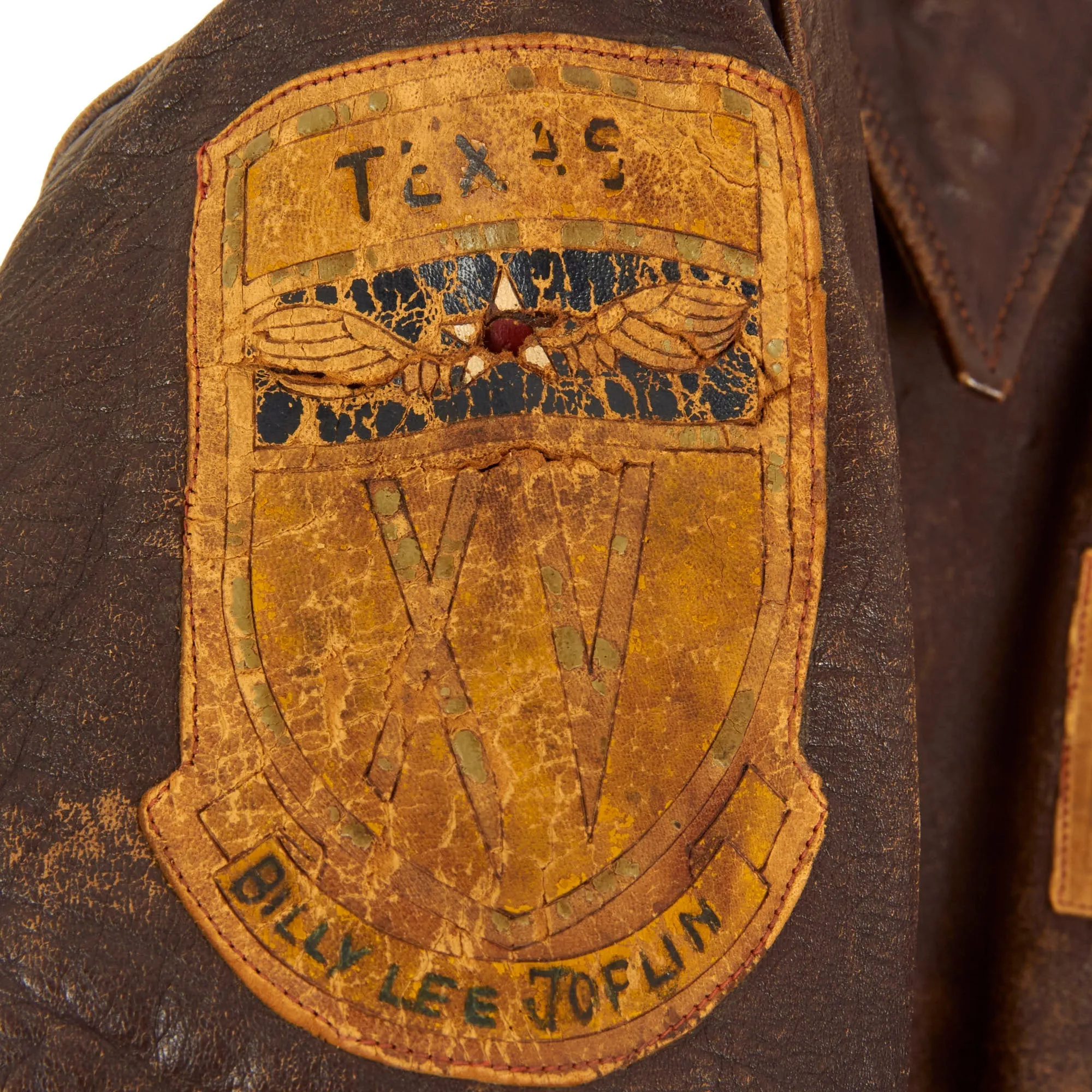 Original U.S. WWII Named Painted A-2 Leather Flight Jacket With Italian Made Leather Insignia For Gunner Sergeant First Class Robert Watters, 451st Bombardment Group
