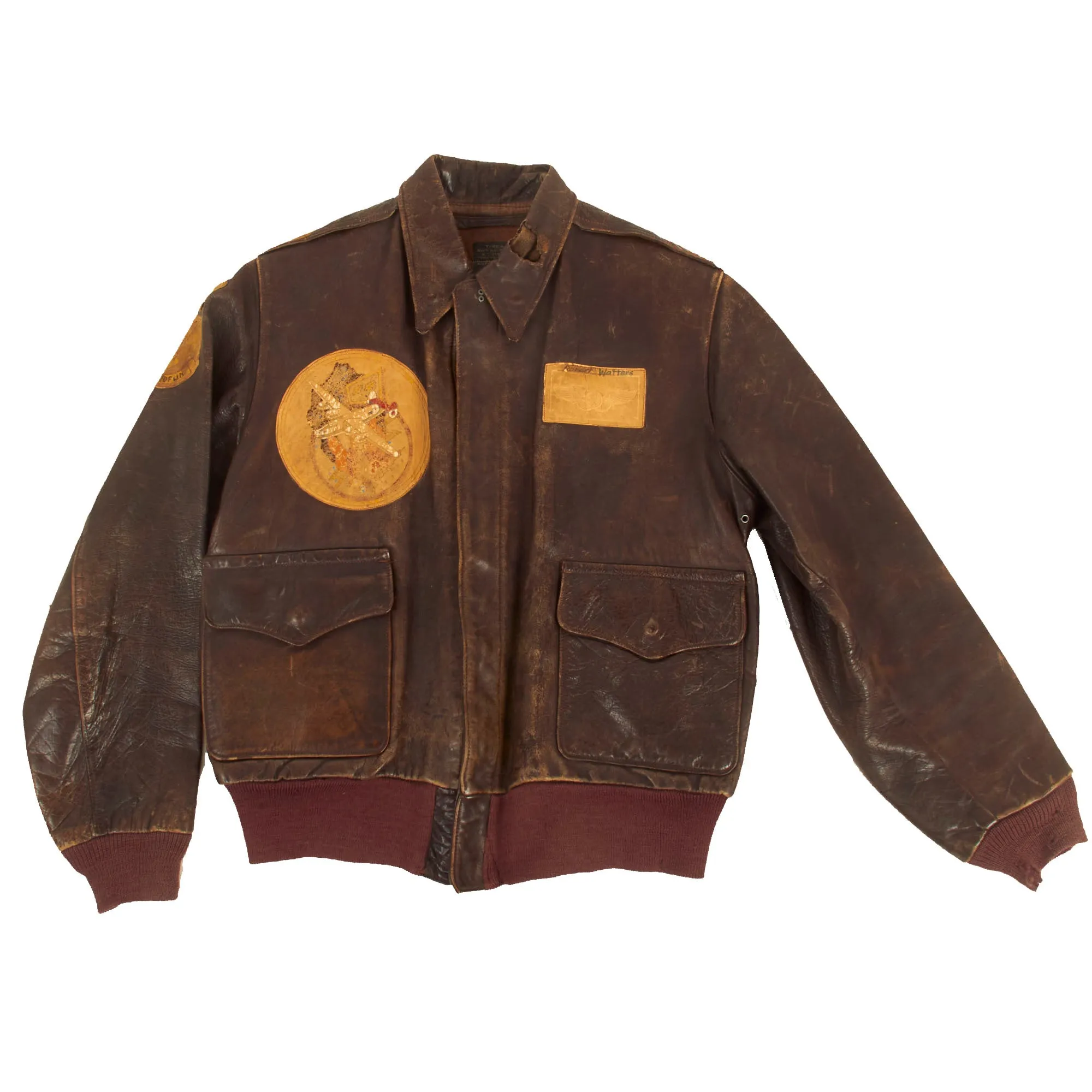 Original U.S. WWII Named Painted A-2 Leather Flight Jacket With Italian Made Leather Insignia For Gunner Sergeant First Class Robert Watters, 451st Bombardment Group