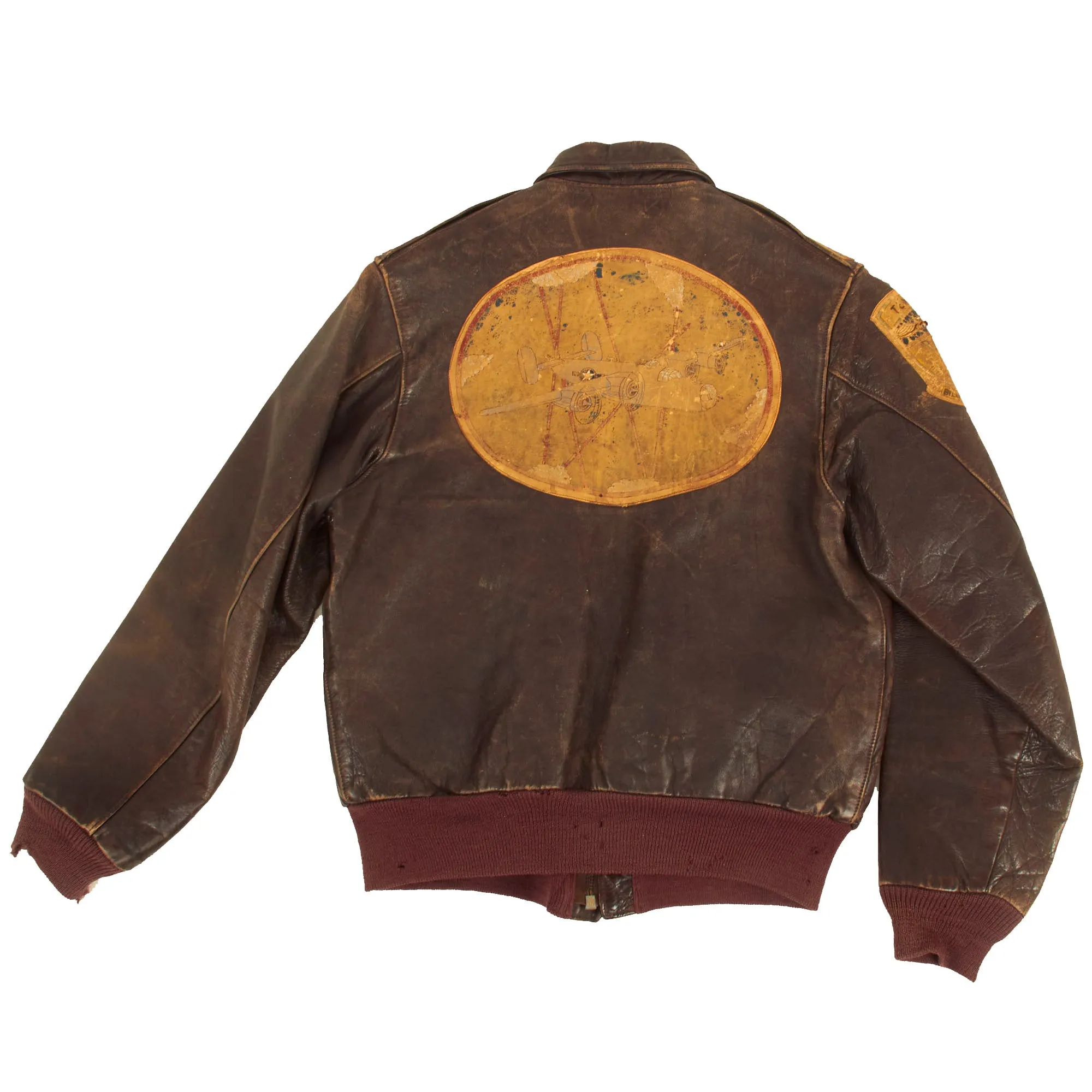 Original U.S. WWII Named Painted A-2 Leather Flight Jacket With Italian Made Leather Insignia For Gunner Sergeant First Class Robert Watters, 451st Bombardment Group