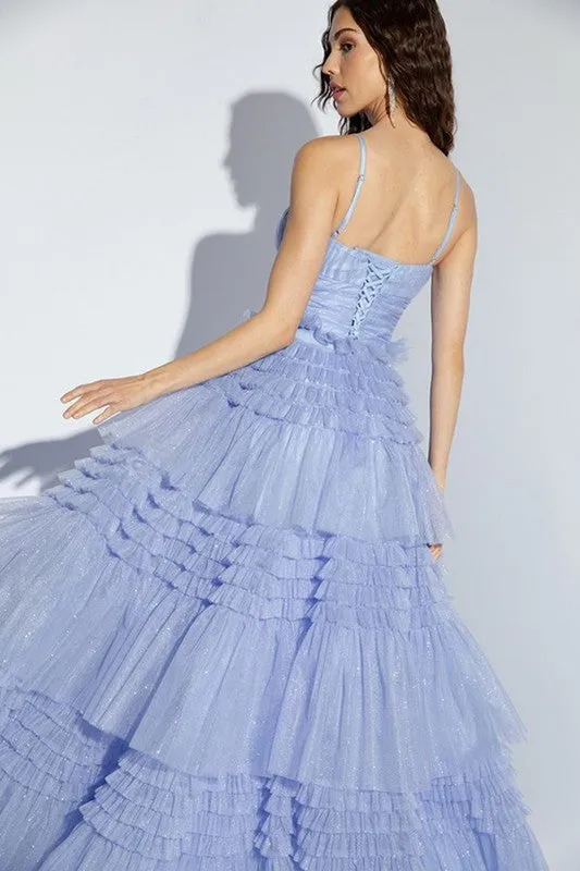 Periwinkle Deep V Neck Ruffle Detail A Line Dress