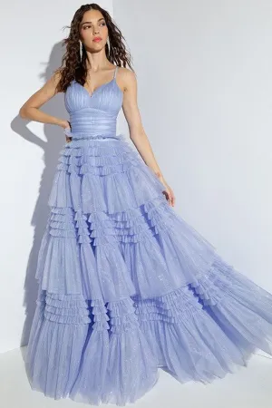 Periwinkle Deep V Neck Ruffle Detail A Line Dress