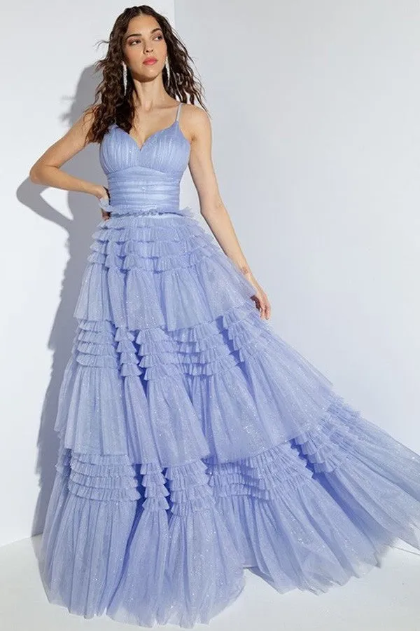 Periwinkle Deep V Neck Ruffle Detail A Line Dress