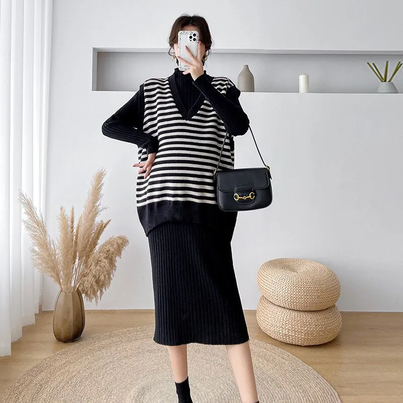 Purpdrank - Autumn Winter Maternity Long Sweaters Striped Vest Sets Thick Warm Dress Suits Clothes for Pregnant Women Pregnancy Wear