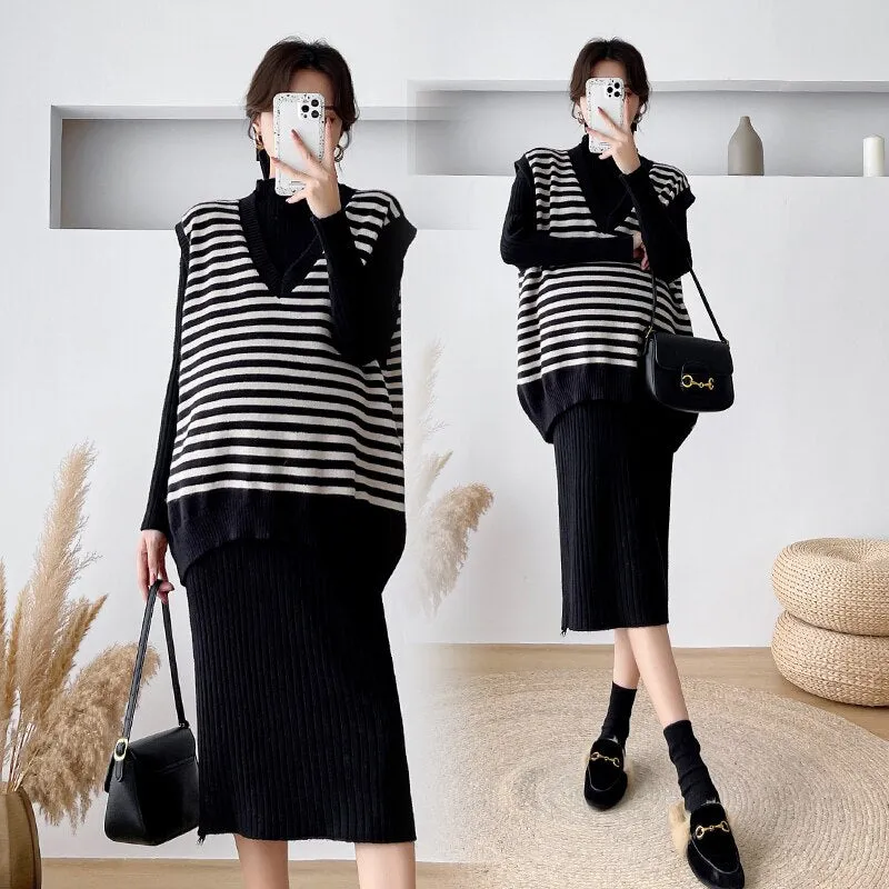 Purpdrank - Autumn Winter Maternity Long Sweaters Striped Vest Sets Thick Warm Dress Suits Clothes for Pregnant Women Pregnancy Wear