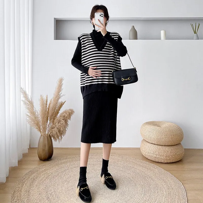 Purpdrank - Autumn Winter Maternity Long Sweaters Striped Vest Sets Thick Warm Dress Suits Clothes for Pregnant Women Pregnancy Wear