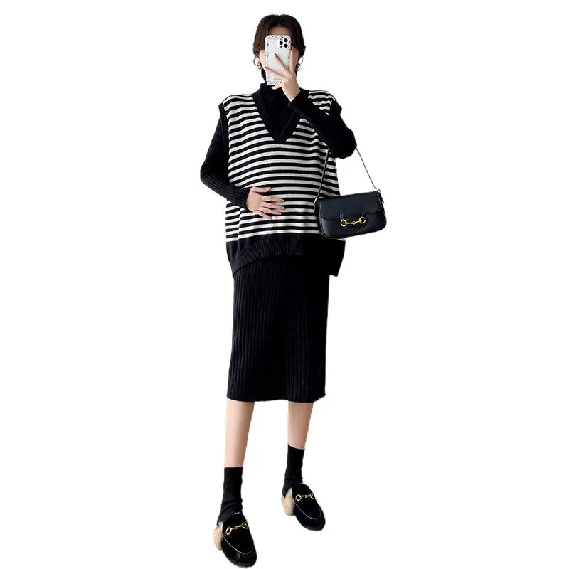 Purpdrank - Autumn Winter Maternity Long Sweaters Striped Vest Sets Thick Warm Dress Suits Clothes for Pregnant Women Pregnancy Wear
