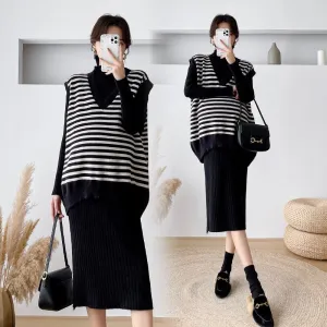 Purpdrank - Autumn Winter Maternity Long Sweaters Striped Vest Sets Thick Warm Dress Suits Clothes for Pregnant Women Pregnancy Wear