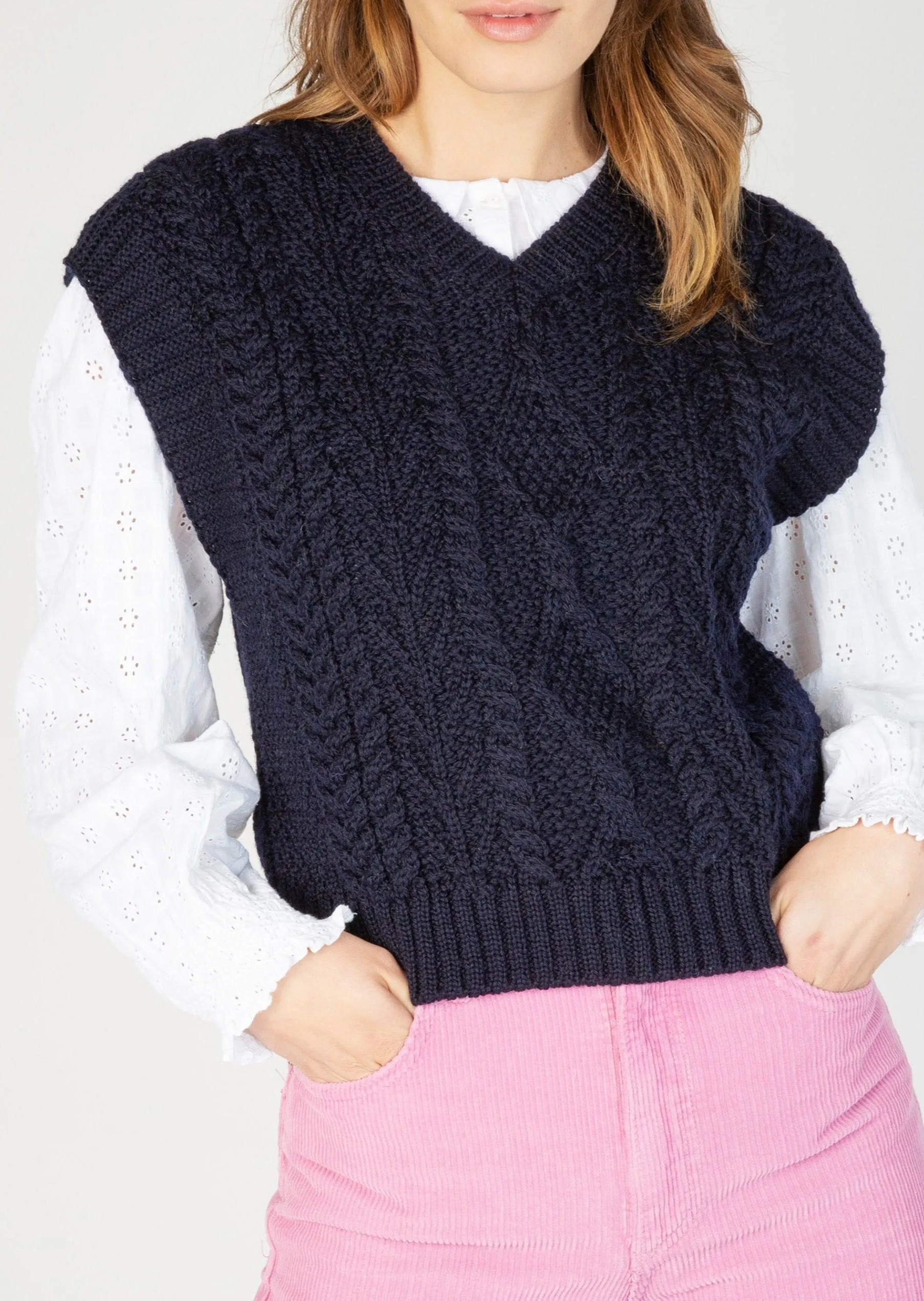 Women's V Neck Aran Vest | Navy