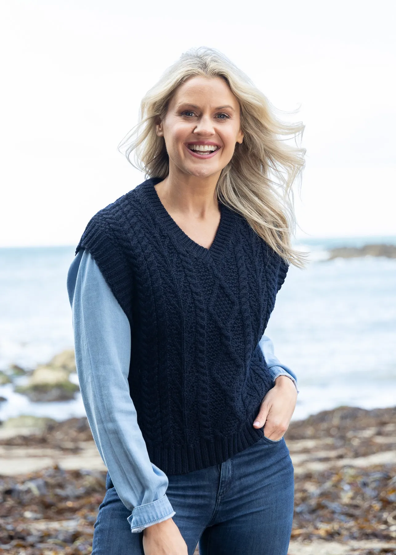Women's V Neck Aran Vest | Navy
