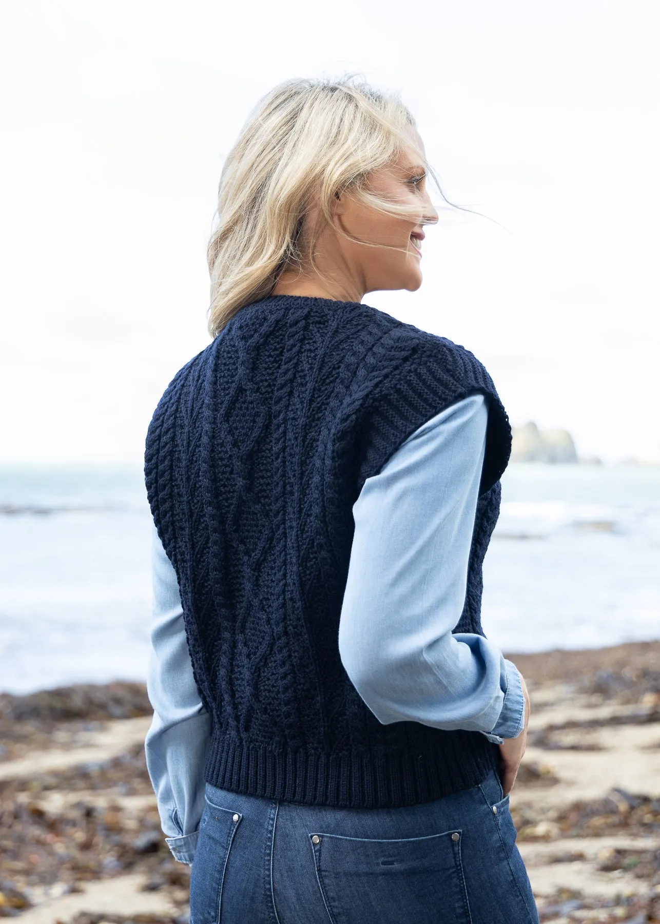 Women's V Neck Aran Vest | Navy