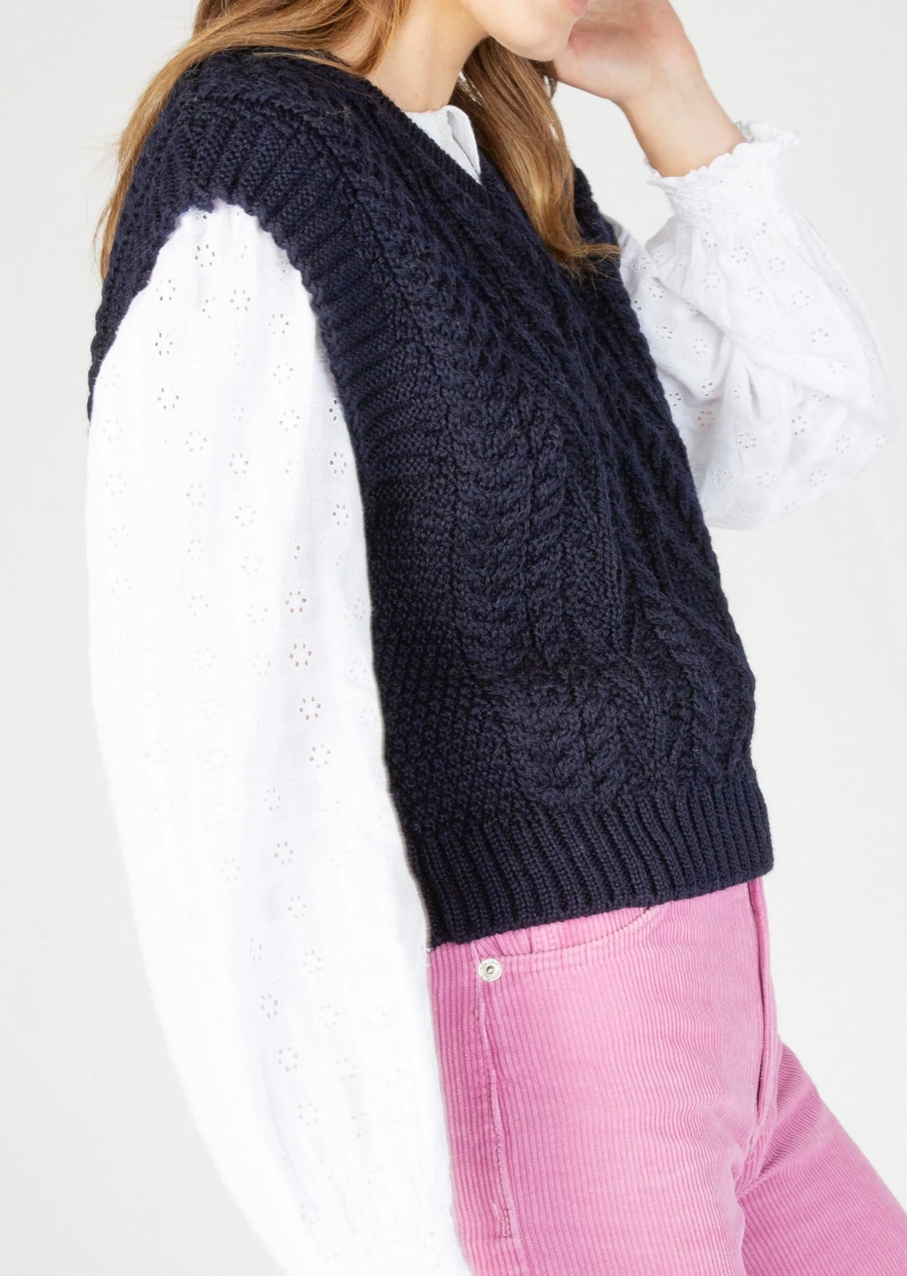 Women's V Neck Aran Vest | Navy