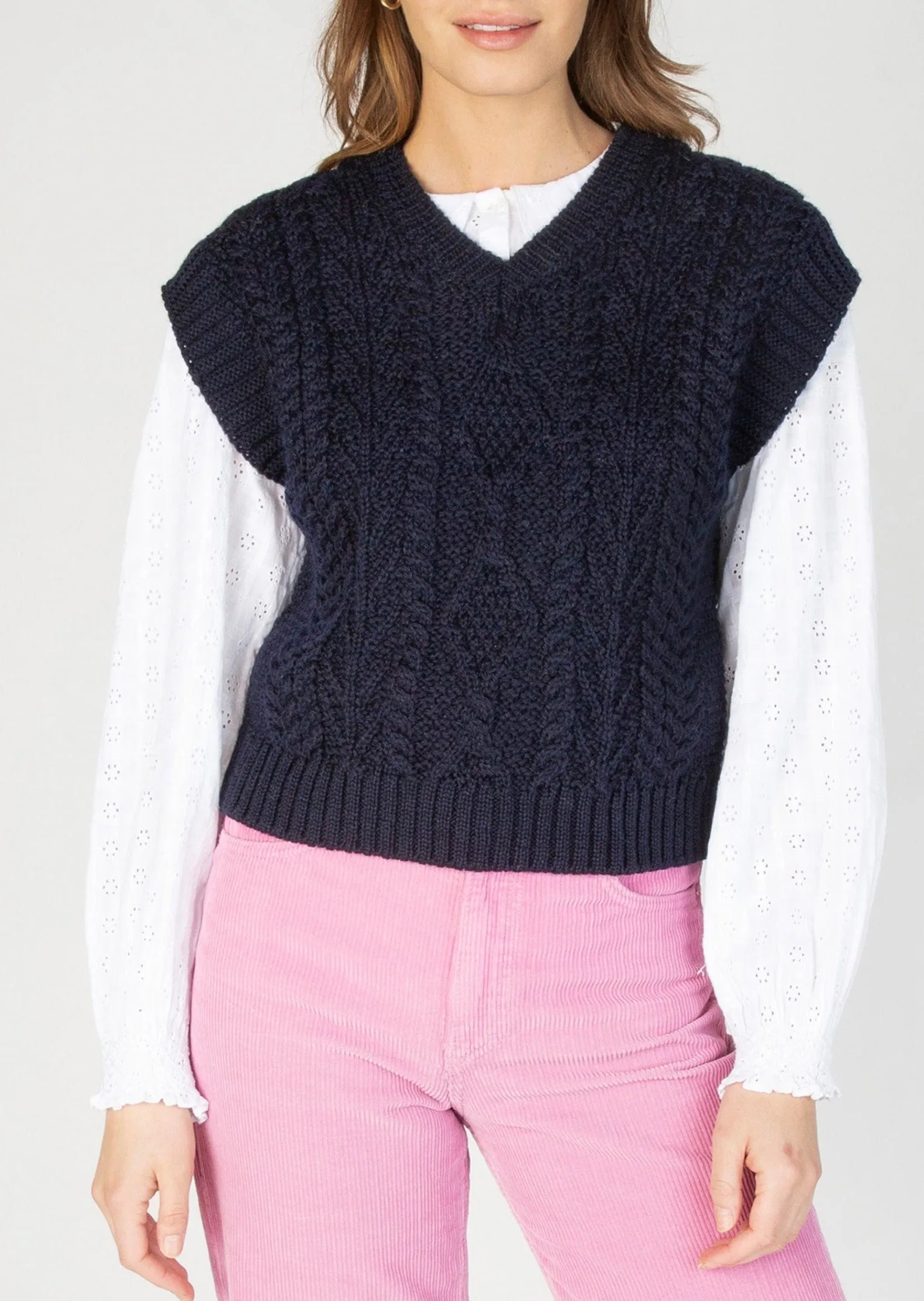 Women's V Neck Aran Vest | Navy